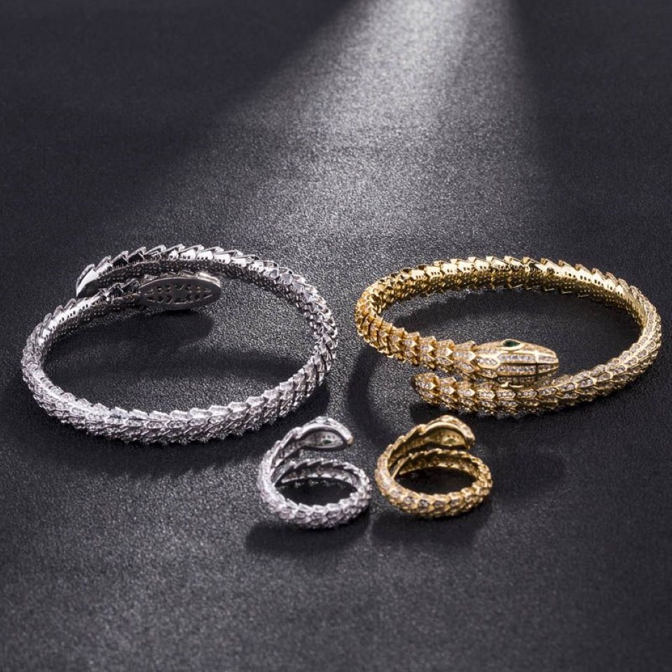 Men Silver Color Men Barkles Snake Animal Bangle Ring Jewelry Brand Zircon Zircon Love Bangle Anel Men Jewelry3176