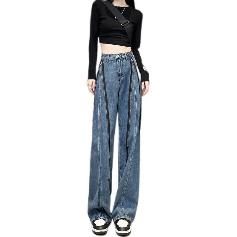 Kvinnors jeans avslappnade höga midja breda ben jeans för kvinnor korea vår sommaren 2024 mode lösa raka byxor vintage baggy denim byxor 24328