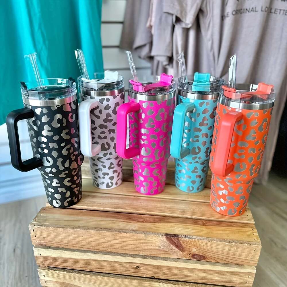 Large Capacity Leopard Print Stainless Steel Tumbler with Handle - Leakproof, Vacuum Insulated Cup for Car, Outdoor Sports, and More