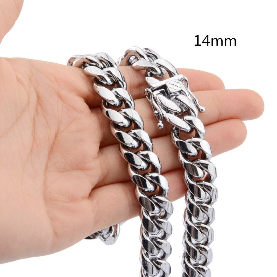 14mm Jungen Herren Hochwertige Silber Farbe Edelstahl Curb Cuban Link Miami Kette Halskette Rapper Schmuck 7-40inch295U