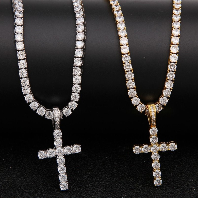 Sell Iced Out Zircon Cross Pendant With 4mm Tennis Chain Necklace Set Men's Hip hop Jewelry Gold Silver CZ Pendant Neckla221P