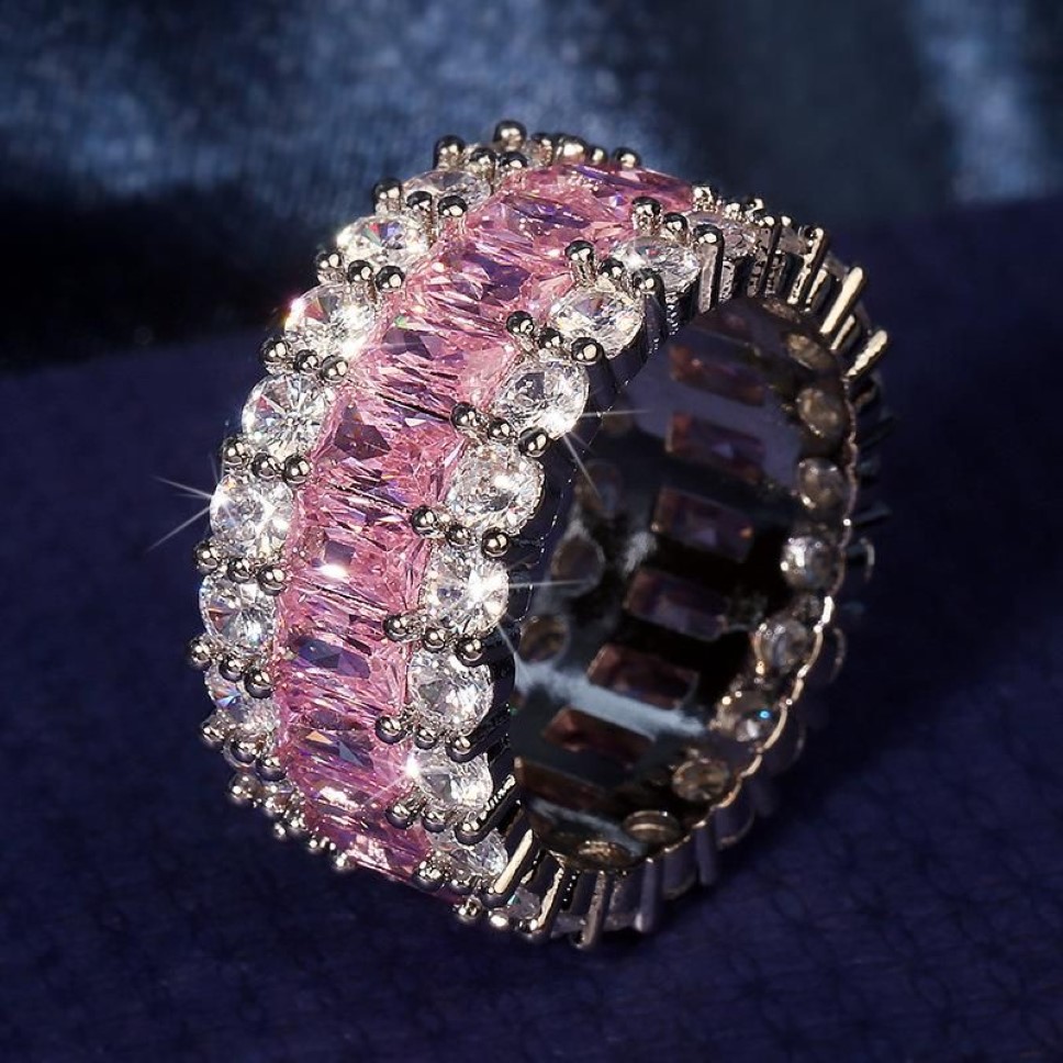 Anillos de racimo Eternity Pink Sapphire Diamond Ring 925 Sterling Silver Bijou Compromiso Banda de boda para mujeres Nupcial Fine Party Je2457