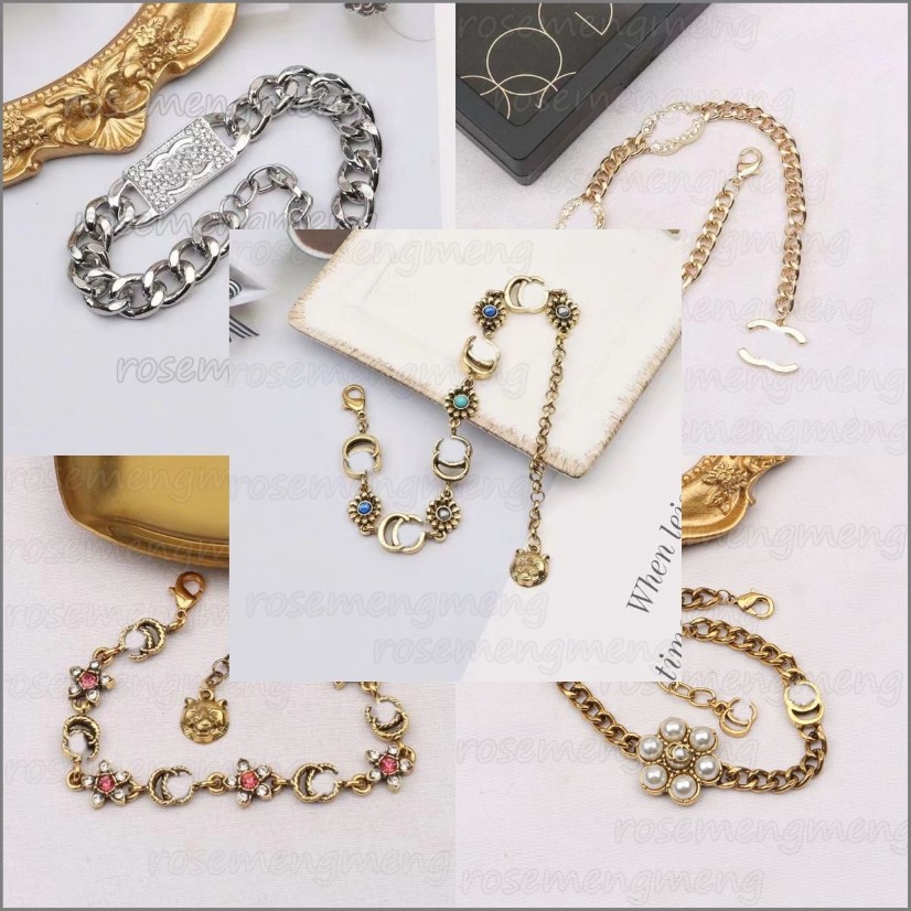 Luxury Design Bangles Brand Letter Bracelet Chain Famous Women 18K Gold Plated Crysatl Rhinestone Pearl Wristband Link Chain Gifts221S