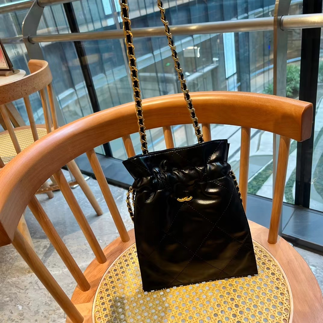 New drawstring leather garbage bag small fragrant wind rhombus chain bag portable shoulder oblique span lucky bag small bucket women's bag