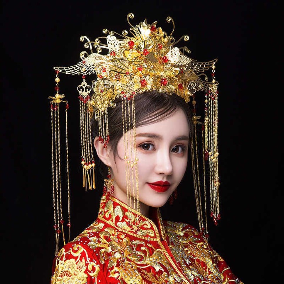HIMSTORY Klassisk kinesisk bröllop Phoenix Queen Coronet Crown Brides Gold Hair Jewelry Accessories Tassel Wedding Hairwear H08272672