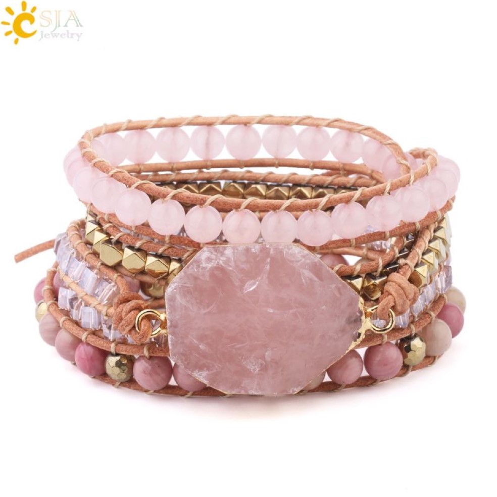 CSJA Bracelet En Pierre Naturelle Quartz Rose Bracelets En Cuir Pour Femme Rose Gemmes Perles De Cristal Bohême Bijoux 5 Brins S308 220218L