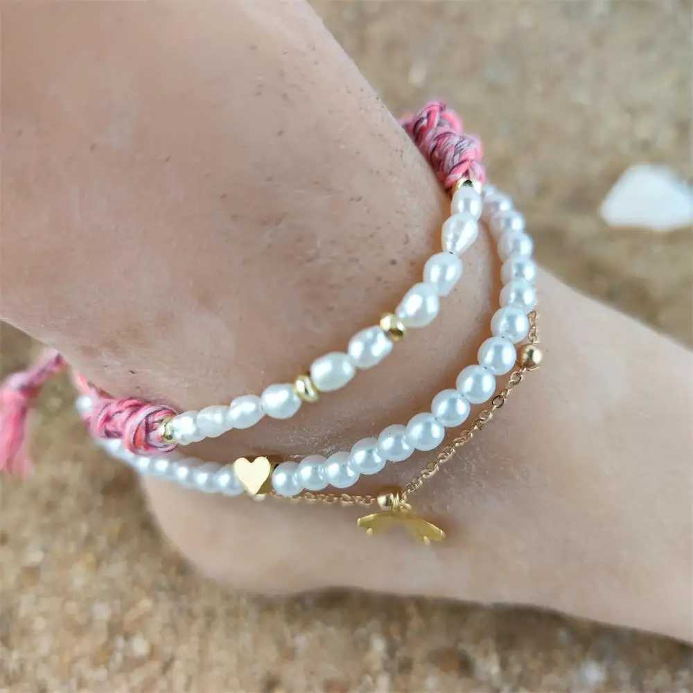 Anklets Metal heart-shaped butterfly and pearl ankle designed for beach vocal musicL2403