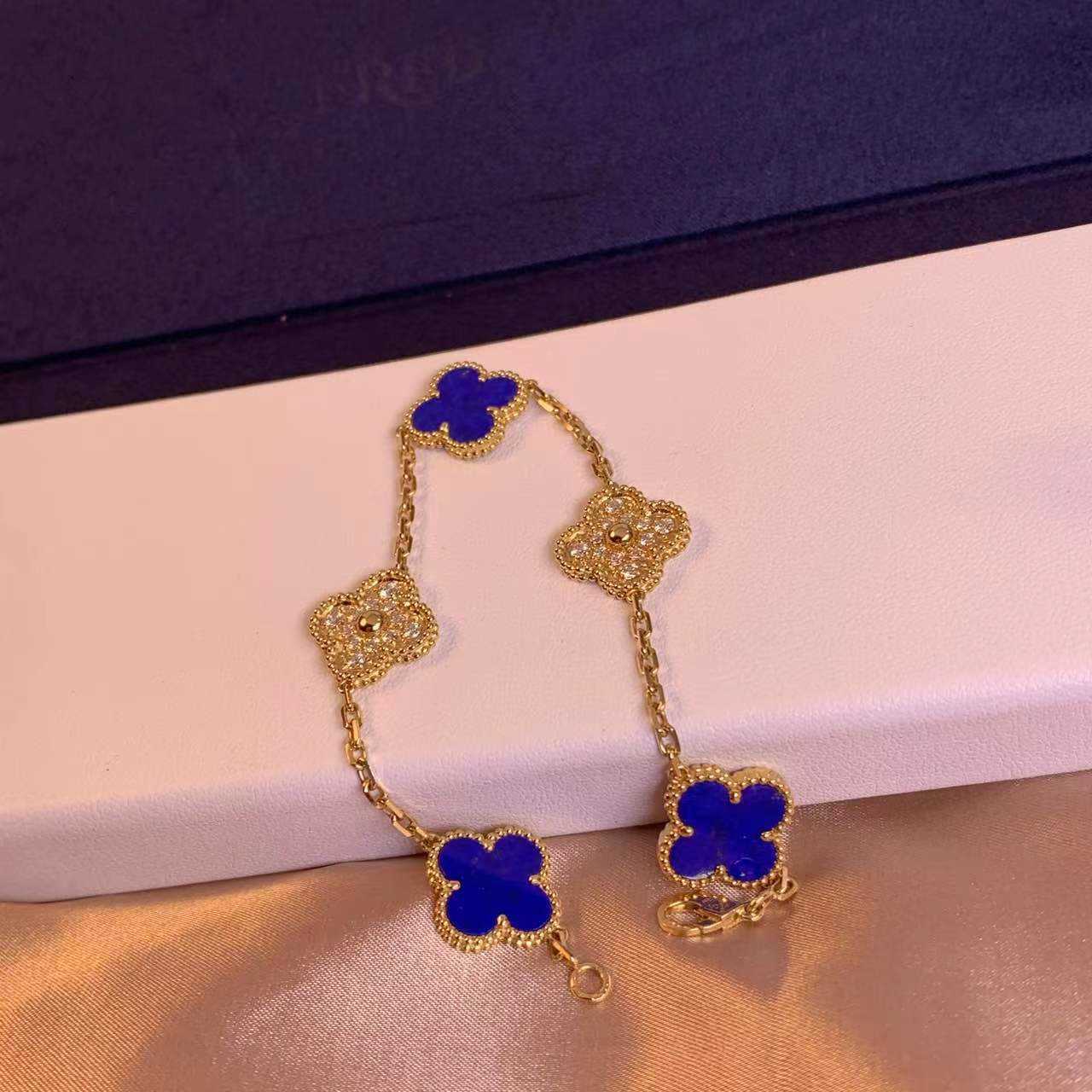 La dernière marque de la créatrice Van Four Leaf Grass Five Flower Bracelet Womens Blue Jade Medal V Gold Placing épaissis 18k Rose Diamond