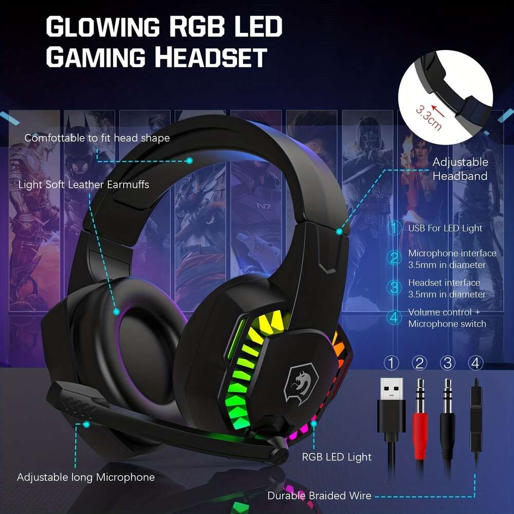 Wired Tangentboard Pad -headset, Rainbow LED -bakgrundsbelyst tangentbord, över öronbringan med MIC, spelmöss, muspad, för PC -spelare Xbox och PS4.