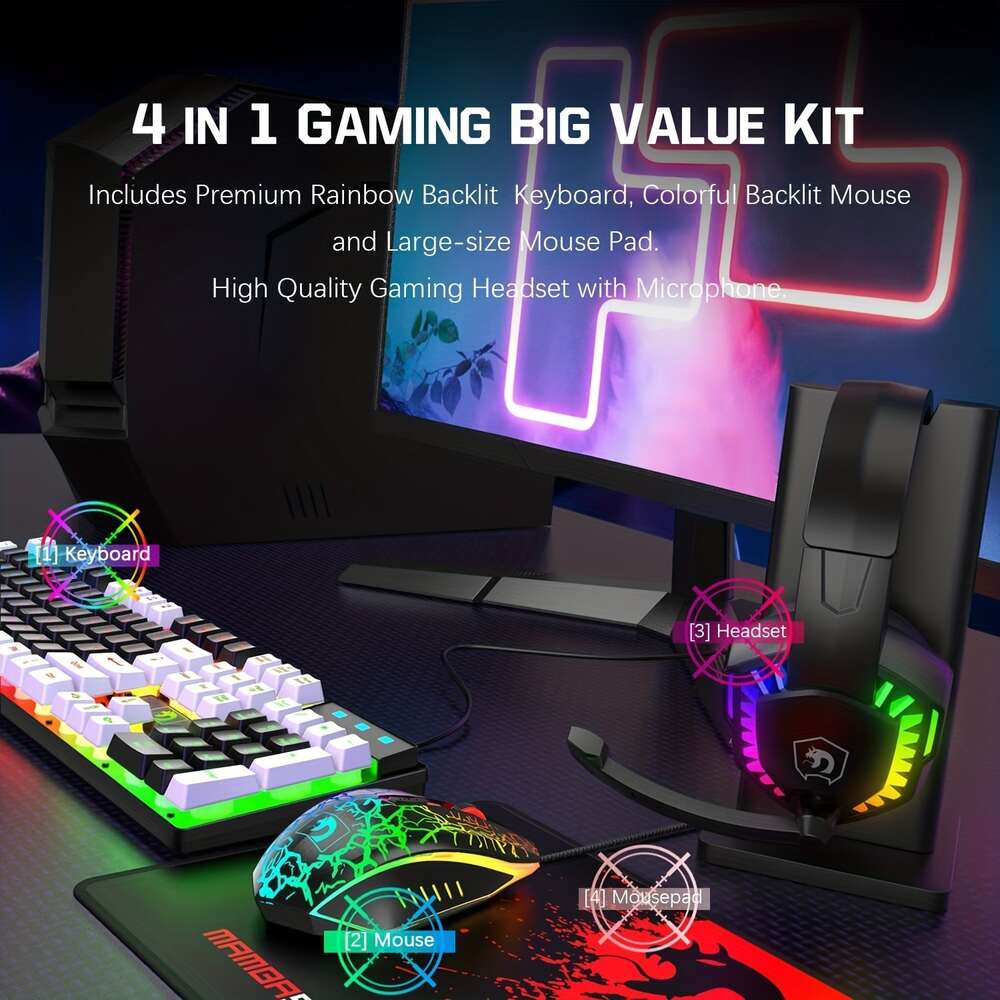 Wired Keyboard Pad Headset, Rainbow LED Backlit Keyboard, Over Ear Headphone with Mic, Gaming Mice, Mouse Pad, for PC Gamers Xbox and PS4.