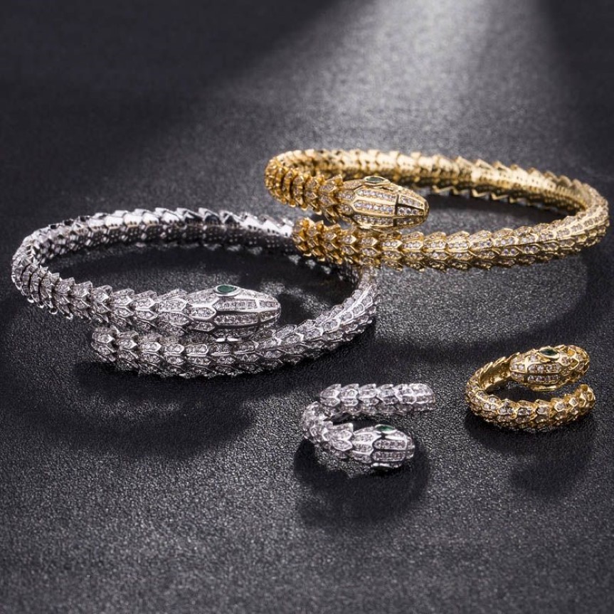 Men Silver Color Men Barkles Snake Animal Bangle Ring Jewelry Brand Zircon Zircon Love Bangle Anel Men Jewelry3176