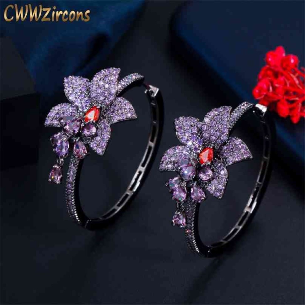 CWWZircons Chic Negro Color Oro Púrpura Cubic Zirconia Crystal Round Big Dangle Drop Flower Charms Pendientes de aro para mujer CZ820 2289g