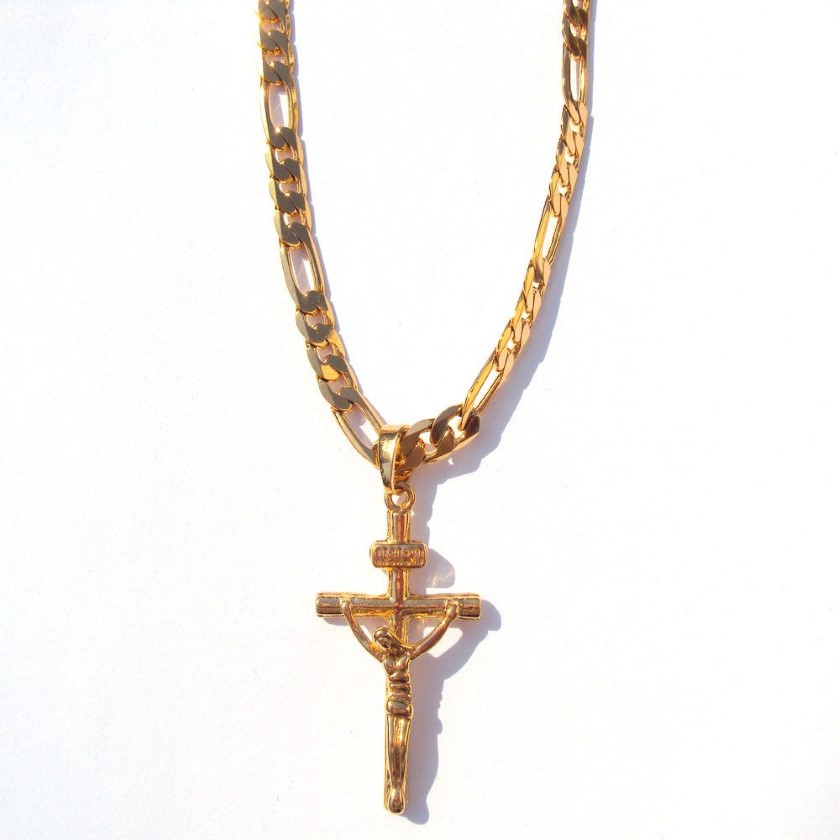 24K Solid Yellow Gold GF 6mm italiensk Figaro Link Chain Halsband 24 Kvinnor Herr Jesus Crucifix Cross Pendant286C