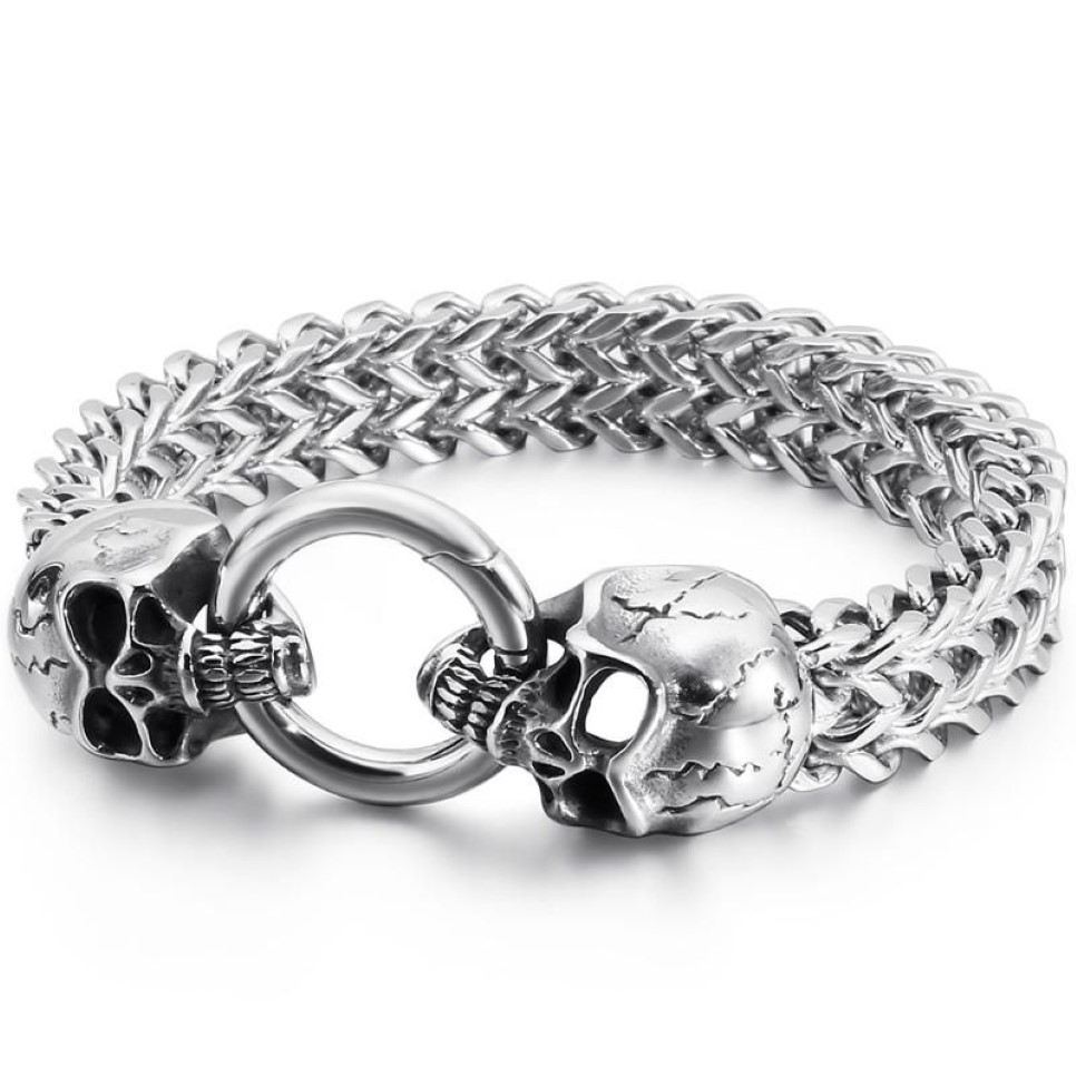 Gliederkette Gothic Double Skull Man Armband aus Edelstahl Herren Charm Armbänder Steampunk Skelett Schmuck GästegeschenkeLink259Y