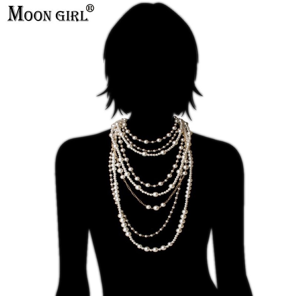 Perlenketten MOON GIRL Mehrschichtige künstliche Perlenkette Lange trendige Statement-Halskette für Damen Modeschmuck 221102240h