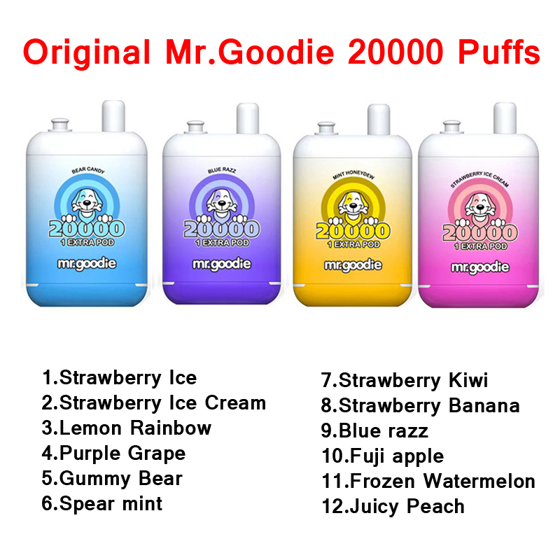 オリジナルMr.Goodie 20000パフ20K使い捨てベイプペンデュアルタンクデュアルメッシュコイル20+20ML 650MAHタイプC 0/2/5％12フレーバープレフィルドデバイスEタバコポッド