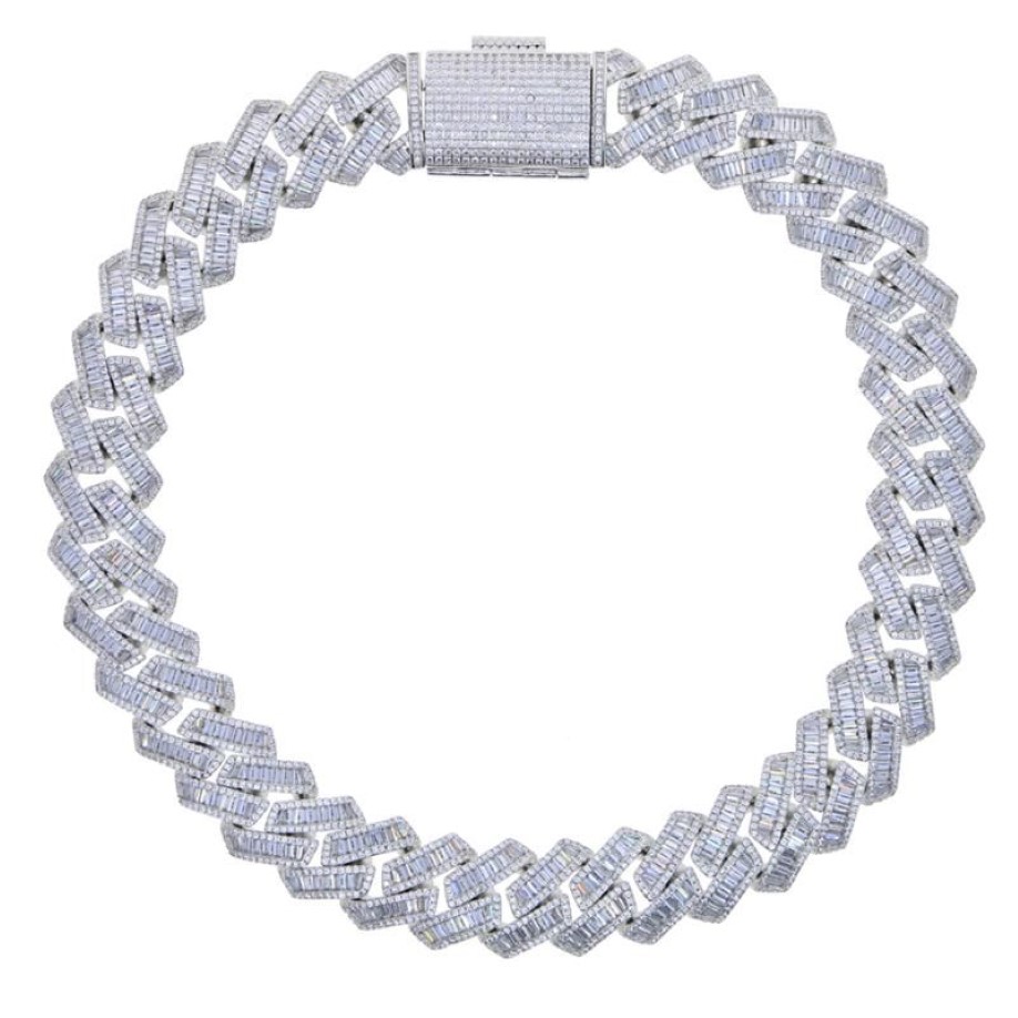 Chokers Iced Out Bling 19mm Baguette CZ Pesado Chunky Cuban Link Chain Colar Cor Prata 5A Zircon Gargantilha Hip Hop Homens Mulheres Jew267O