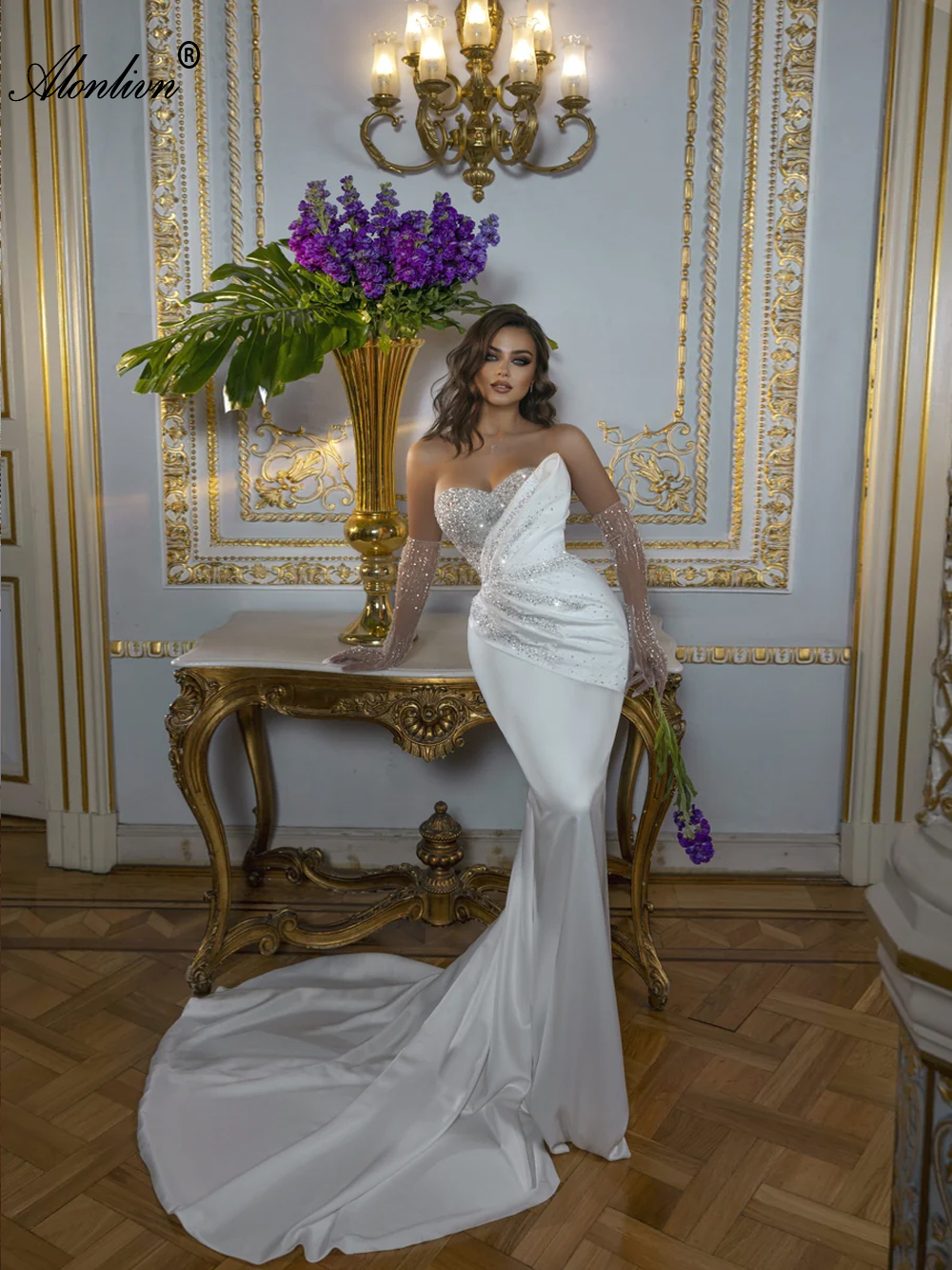 2024 Eleganza 2 in 1 Abiti da sposa a sirena Treno rimovibile Bordare Applicazioni Pieghe drappeggiate in pizzo Abiti da sposa a tromba