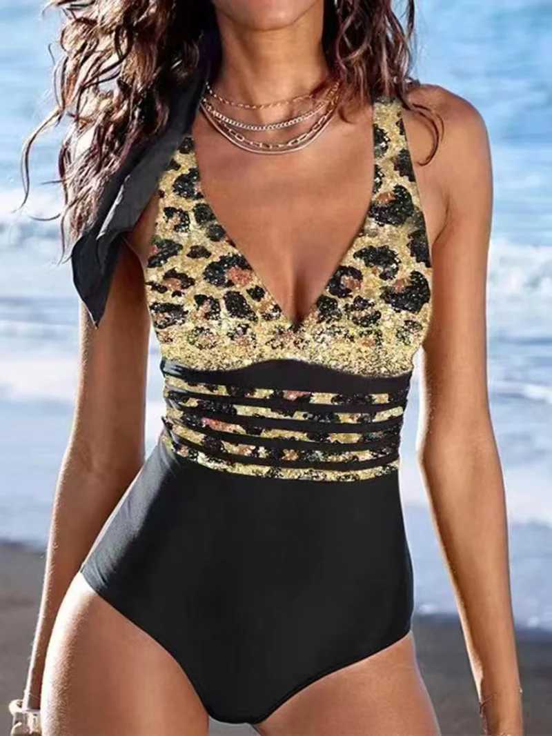 Women's Swimwear 2023 New Women Sexy One Piece Swimsuits Swimming Bikini Leopard Bodysuit Criss Cross Female Bathers Bathing Suit Mujer Swimwear T240328