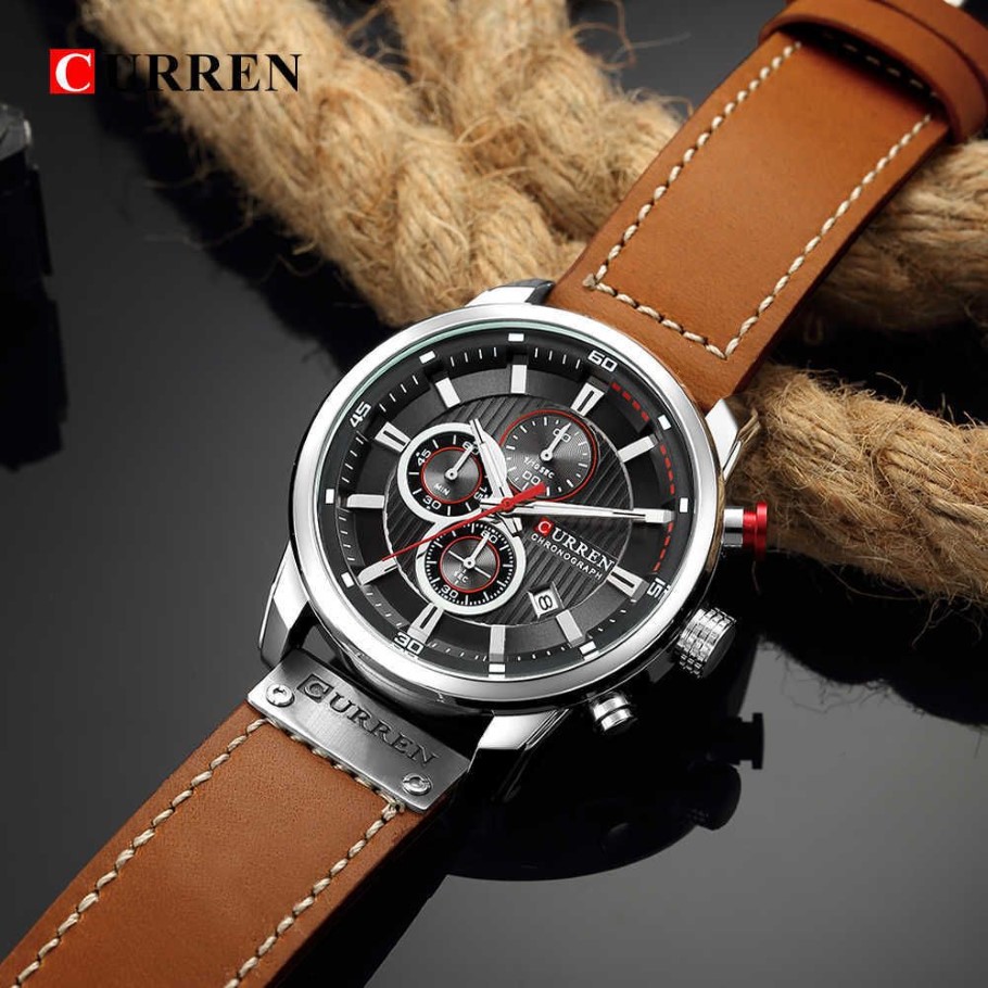 Curren 8291 Montres chronographe Montre en cuir décontractée pour hommes Mode Sport militaire Montre-bracelet pour hommes Gentleman Horloge à quartz Q0524245S