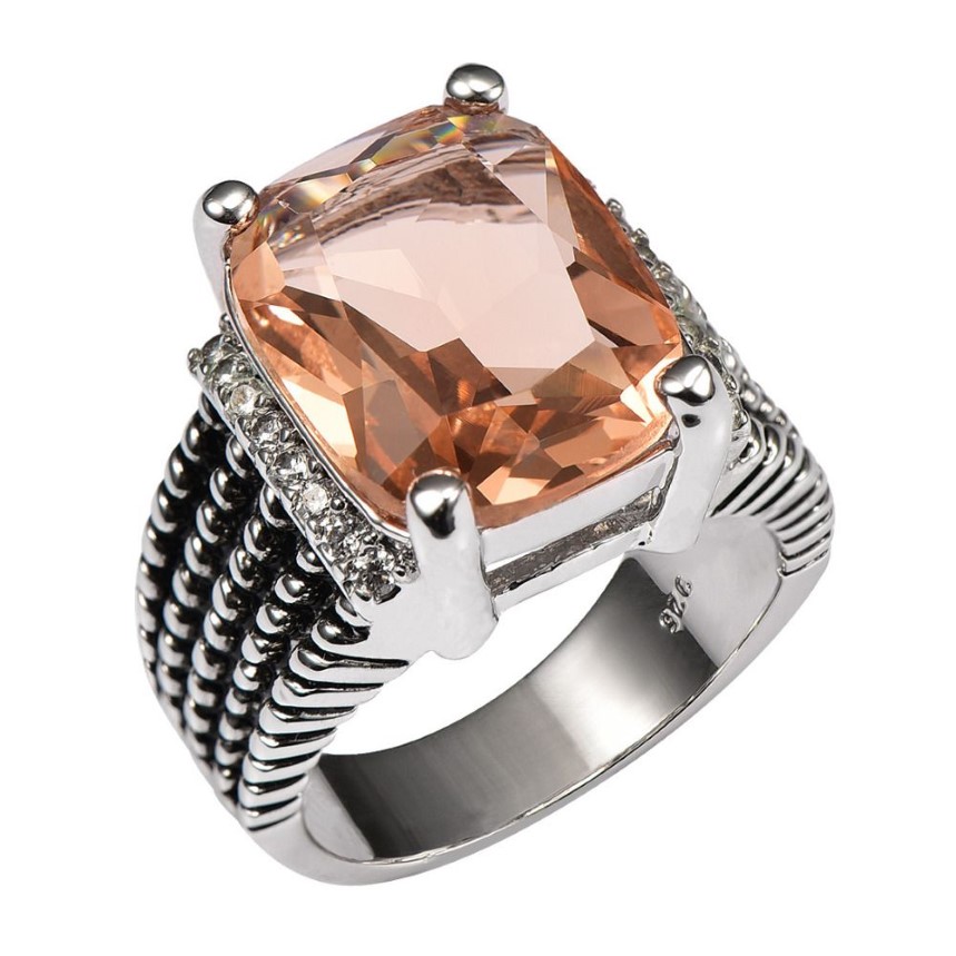 Enorme morganite com multi cristal branco zircão 925 anel de prata esterlina para mulheres e homens tamanho 6 7 8 9 10 11 f1512278y