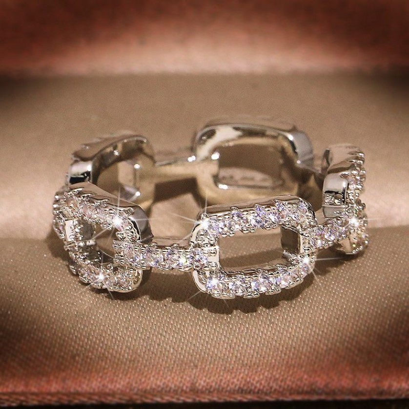 Moda jóias de casamento 100% 925 anéis de prata esterlina pavimentar safira branca cz diamante corrente feminina luxo banda anel de dedo ra0996249z