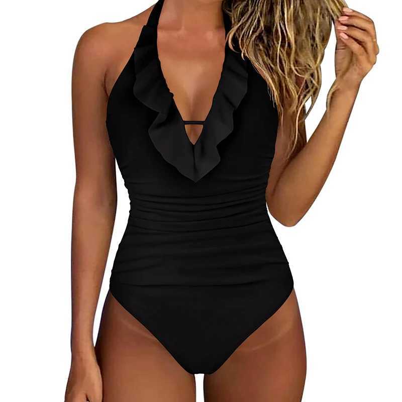 Women's Swimwear 2023 Women Swimwear Solid Halter One Piece Monokini Female Swimsuits Dp V Bodysuit Lady Padded Bra Bathing Suits Beachwear T240328