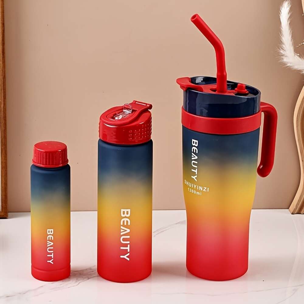 Ensemble de 3 bouteilles d'eau portables, grands gobelets de sport en paille de couleur dégradée, pour les activités en plein air, le camping, les fêtes – Gobelets pour fournitures scolaires et anniversaires