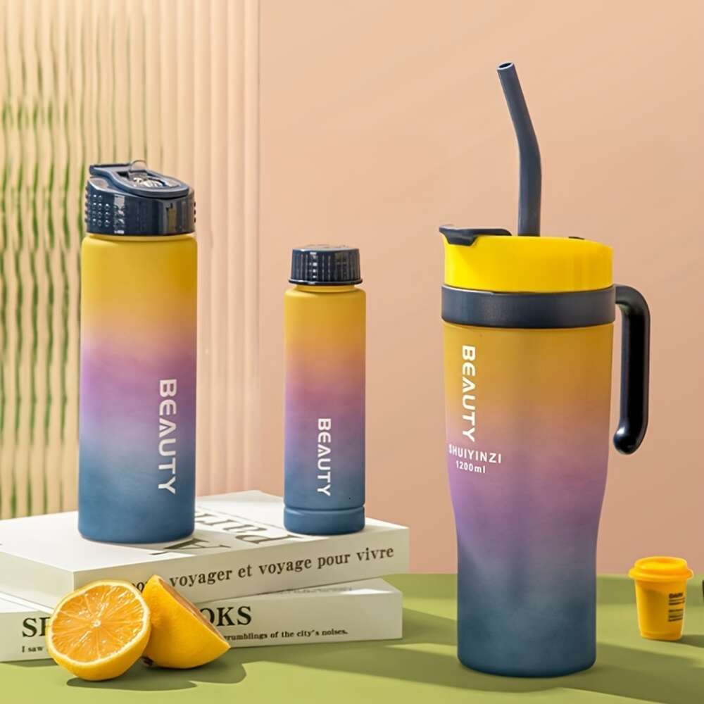 Water Bottles Set Portable, Large Gradient Color Straw Sports Tumblers Outdoor Fiess, Camping, Parties - Sippy Cups for School Supplies and Birthdays