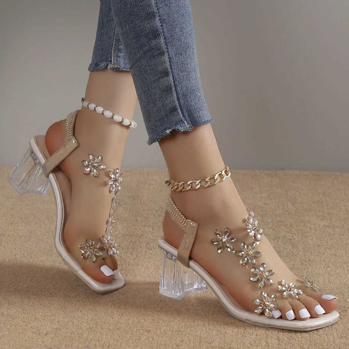 Sandals Transparent Square Heel for Woman Luxury Flash Drill Summer High Heels Fashion Womens Shoes Low Sandalias Size 43 H240409