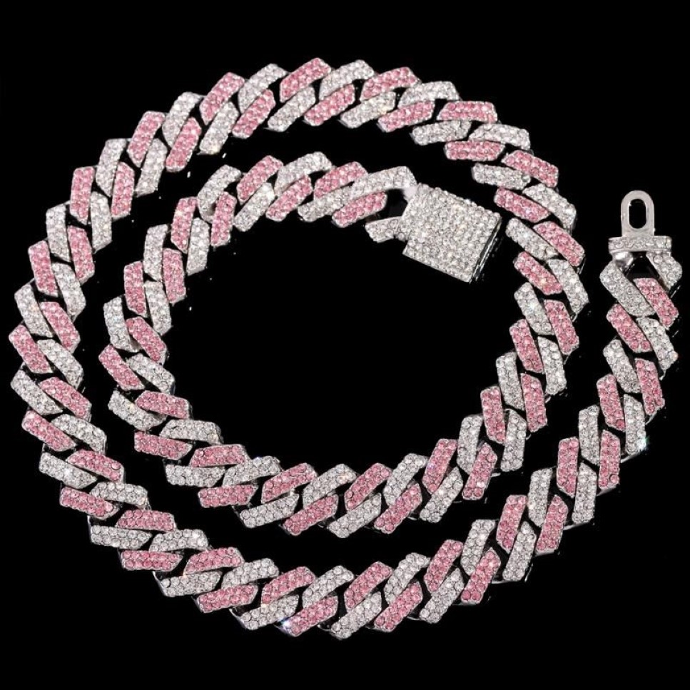 Kedjor hiphop rosa crystal 14mm rhombus prong kubansk länk kedja halsband för kvinnor full rosenbon