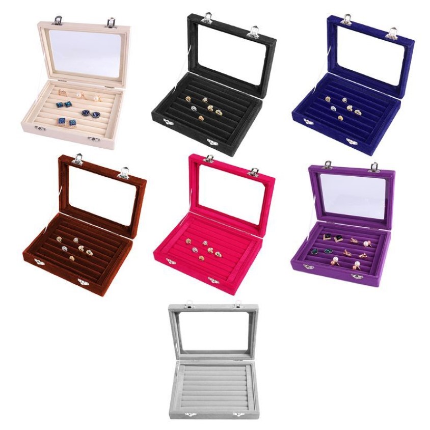 Velvet Glass Ring Earring Jewelry Display Organizer Box Tray Holder Storage Case290U