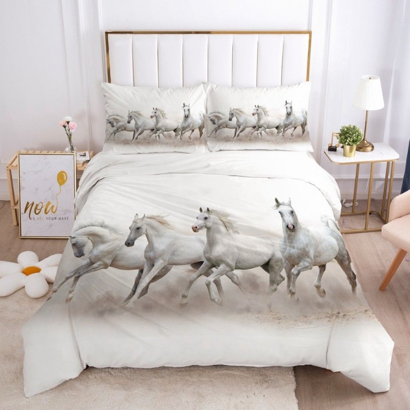 Set di biancheria da letto 3D Set copripiumino trapuntato Trapunte Federa Biancheria da letto King Queen Full Single Size Animale bianco Cavallo Casa Tessile 2314p