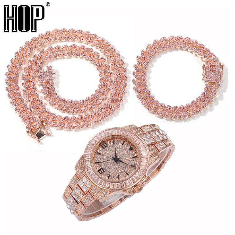 Hip Hop Baguette Montre Colliers Bracelet 12MM Glacé Pavé Rose Strass Miami Prong Chaîne Cubaine Pour Femmes Hommes Bijoux Chai211t