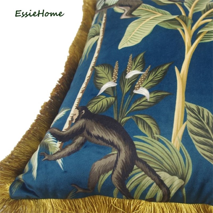 Essie Home Tropical Plants Palm Leaves Animal Pattern Monkey Digital Print Velvet Cushion Cover Pillow Case With Gold Tassel 21020295B