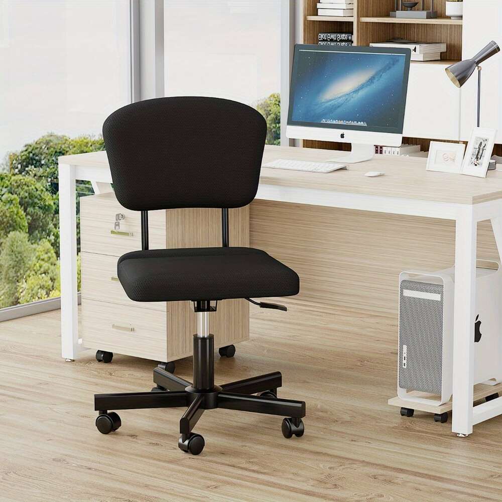 Black Adjustable Task Chair with Plush Cushion, Armless Design, Home Offe Swivel Rolling Comfortable Mesh Back, Computer Work Dressing Chair, Durable