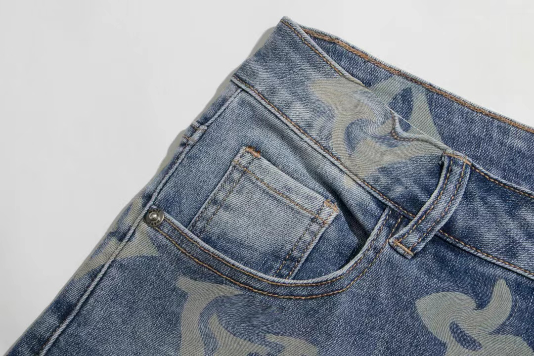 Jeans na altura do joelho apertado encaixe reto tubo motocicleta moda alta qualidade azul claro água terra impressa jeans jeans de grife Homens e mulheres podem usá-lo
