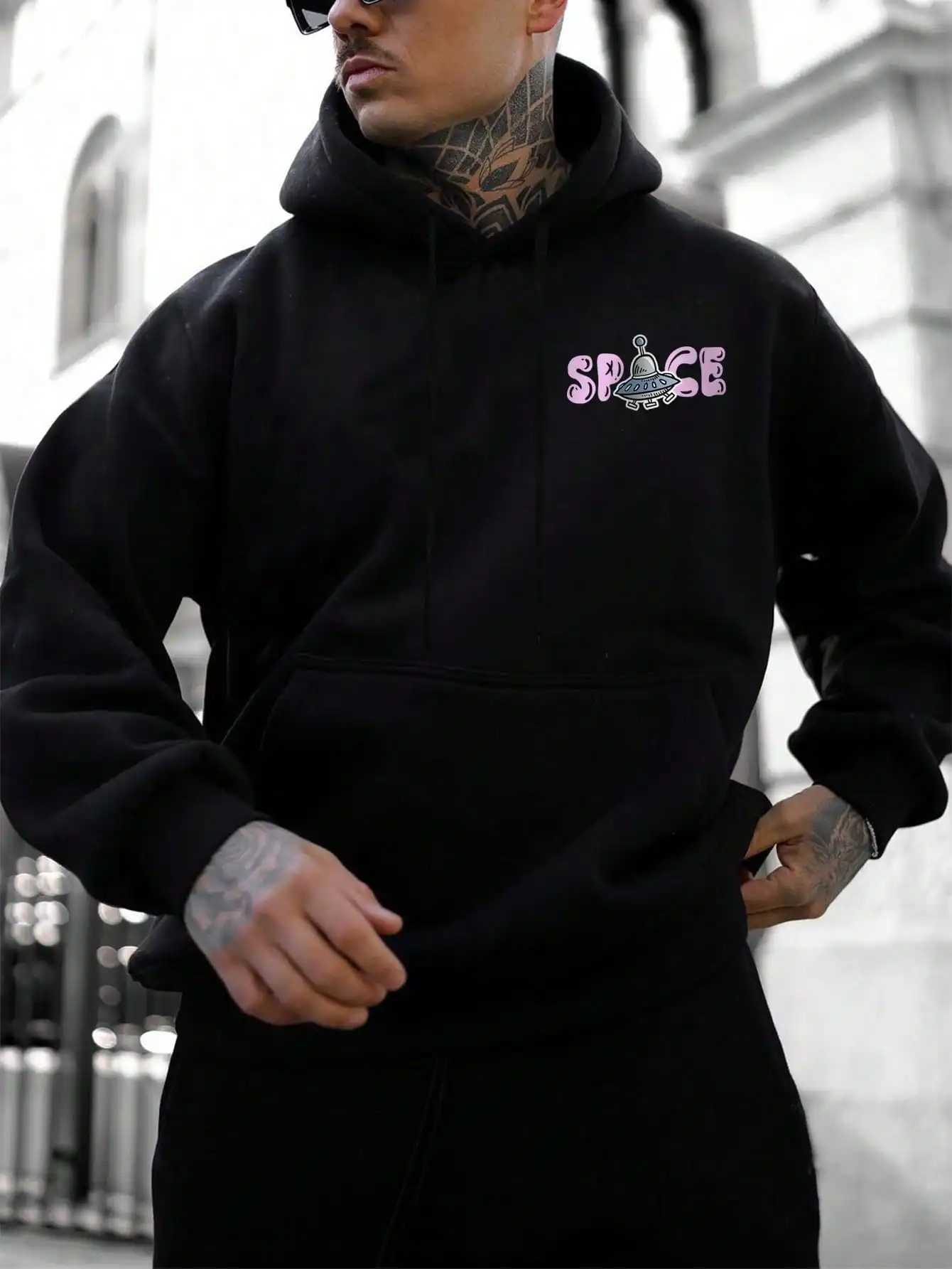 Herrtröjor tröjor här utforska rymd astronaut tryckta män kläder all-match ny hoodie sport fleece pullovers ficka bekväm man huvtröja 24328