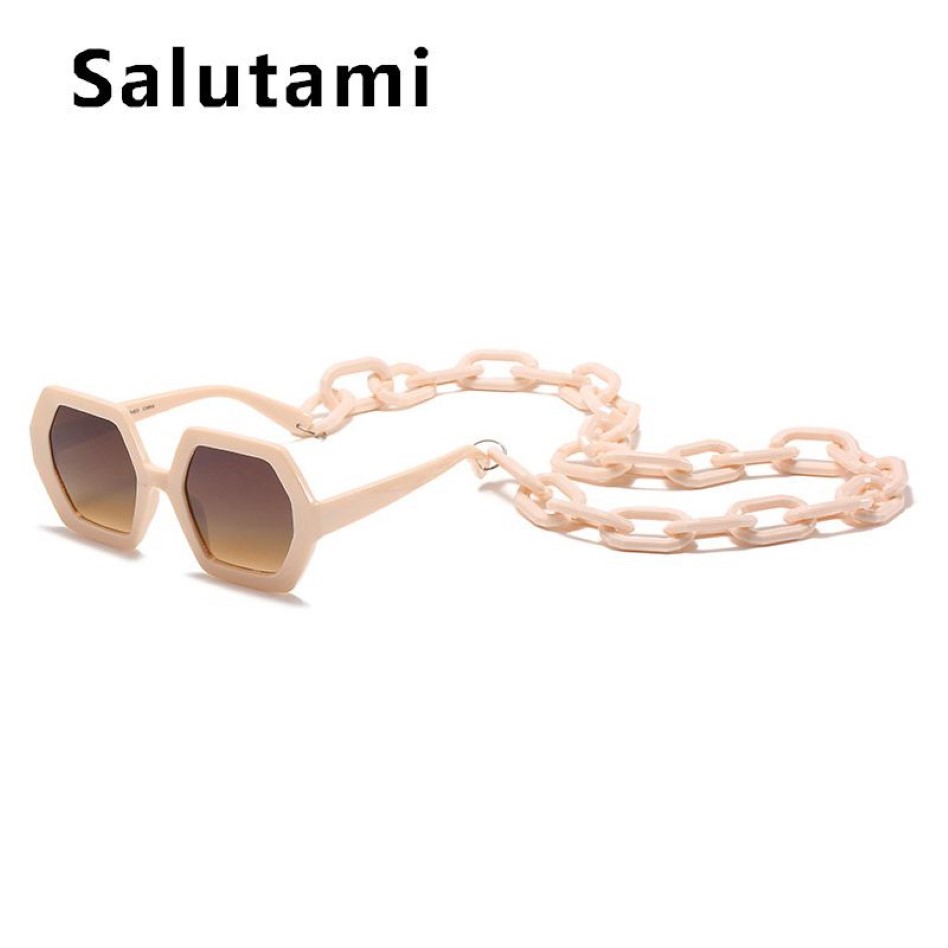 Conjunto de corrente de óculos de sol exclusivo para mulheres marca de luxo polígono quadrado óculos de sol feminino vintage punk bege masculino tons 2205062534