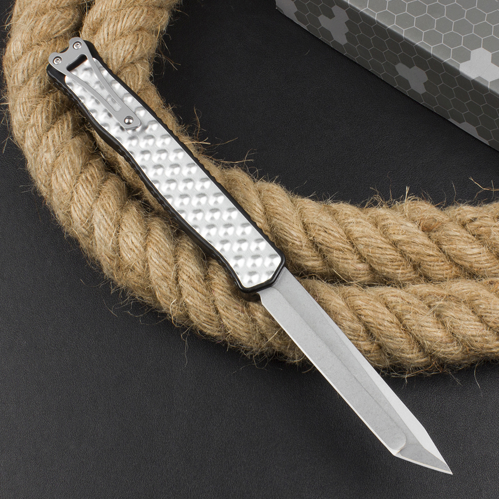 Couteau tactique automatique haut de gamme de haute qualité D2 Stone Wash Tanto Blade CNC Aviation Aluminium avec patchs en mousse Poignée Camping en plein air Randonnée EDC Couteaux de poche