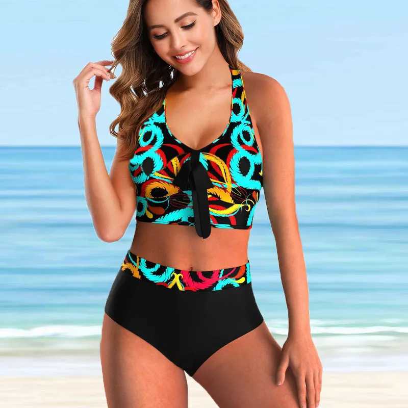 Costumi da bagno da donna 2022 Nuove donne stampate a vita alta Due pezzi Bikini Costume da bagno femminile Taglie forti Costumi da bagno Costumi da bagno Bagnante Costume da bagno 5XL T240328