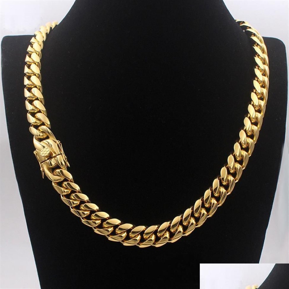 Chaînes Hommes Cubain Chaîne Collier Bijoux En Acier Inoxydable Haute Poli Hip Hop Curb Link Double Fermoirs De Sécurité 18K Estampillé 14Mm De309W