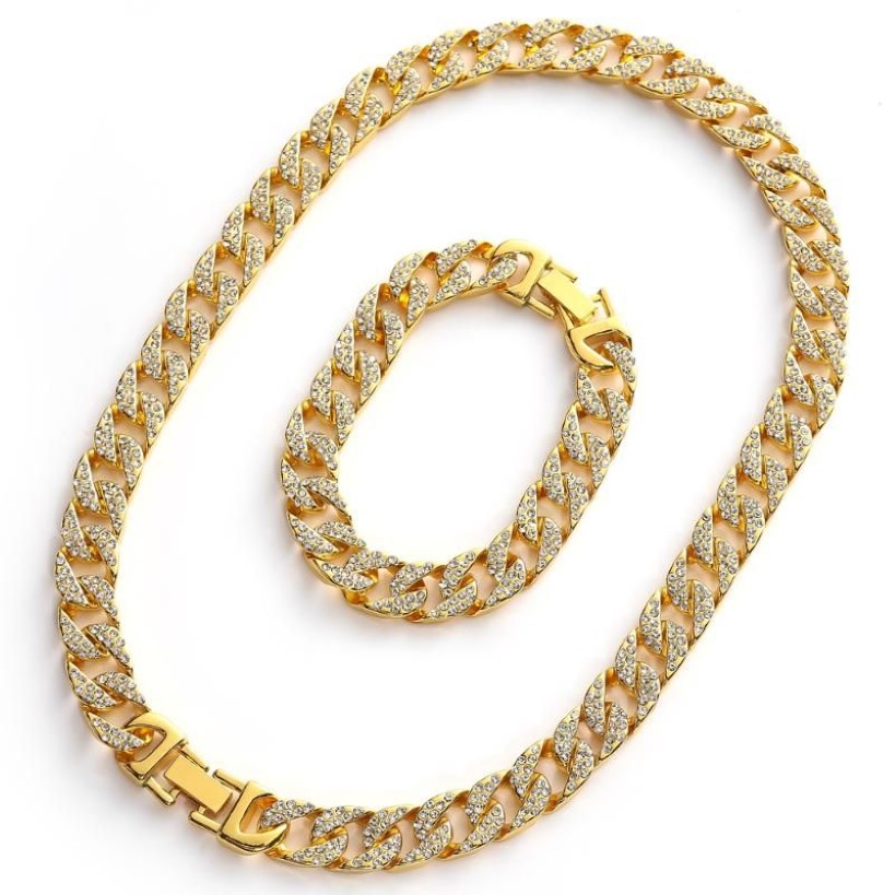 Brincos Colar Hip Hop Homens Cor Dourada Colares Braclete Combo Set Out Cuban Jewerly Crystal Miami Chain For247K