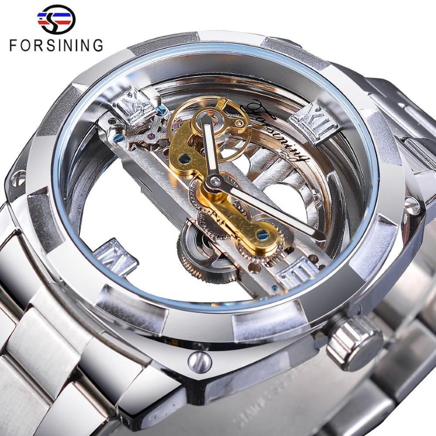 Forsining hommes conception transparente montre mécanique automatique argent carré engrenage doré squelette ceintures en acier inoxydable horloge Saati Y218d