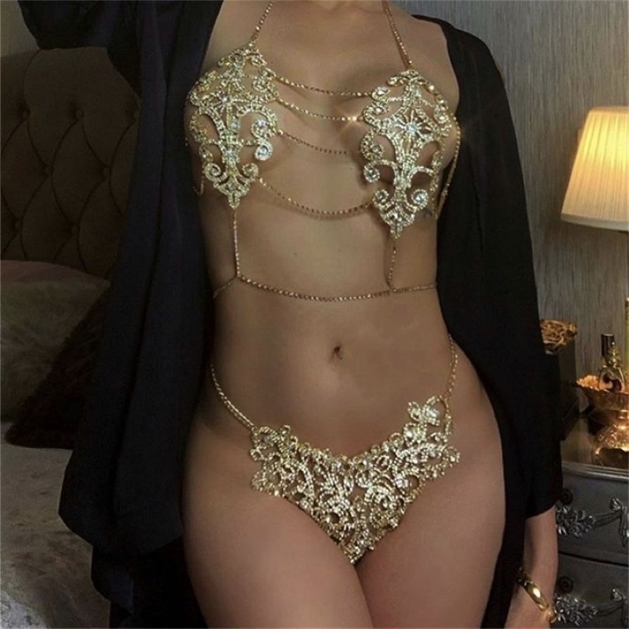 Kryształowy łańcuch nadwozia But Bra i stringi dla kobiet seksowna bielizna bikini biżuteria bielizny T200508290F