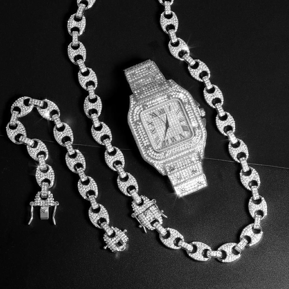 Цепочки Iced Out, ювелирные изделия для часов, кубинское звено, ожерелье, мужская цепочка в виде свиного носа, мужской браслет золотого цвета, набор праздничных подарков186p