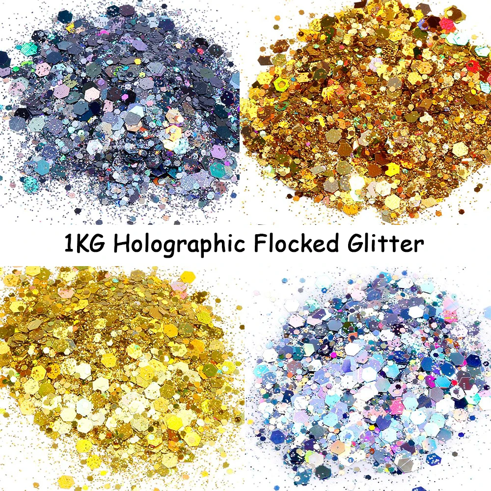 Polijsters 1kg Holographic Nail Glitter Flakes 1000g Mixhexagon Sparkly Powder Bulk Chunky Fine Holographic Sequins Diy Nail Decoration*y