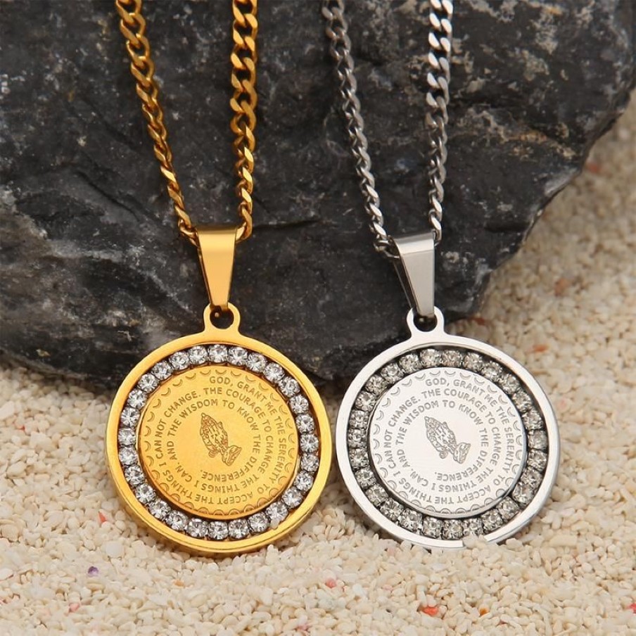 Pendant Necklaces Hip Hop Men's Jesus Praying Hand Dog Tag Army Chain For Men Gold Color Stainless Steel Bible Prayer Jewelry226V