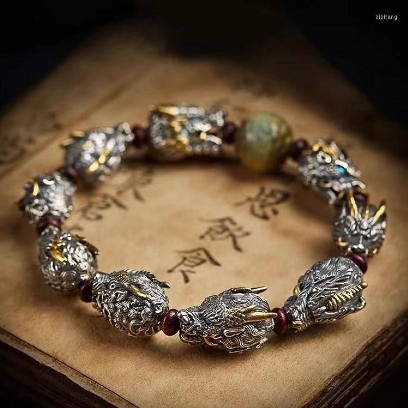 Bangle RDlongsheng Negen-kind Armband heren Plaat Spelen Antieke Draak Schaal Tijgeroog Steen Kraal Geavanceerde Feeling3132