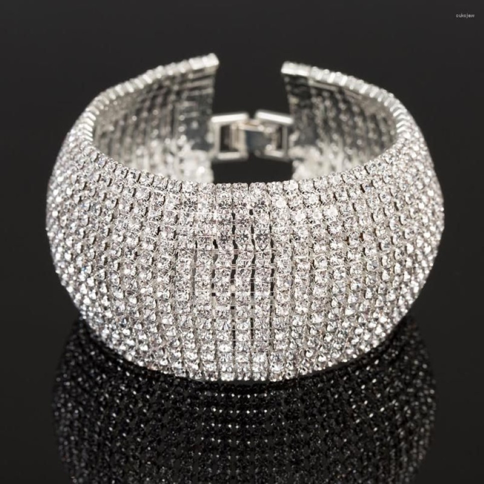Bracelets à maillons TREAZY luxe 15 rangées strass Bracelet en cristal complet pour les femmes de mariage de mariée couleur or argent Statement2172